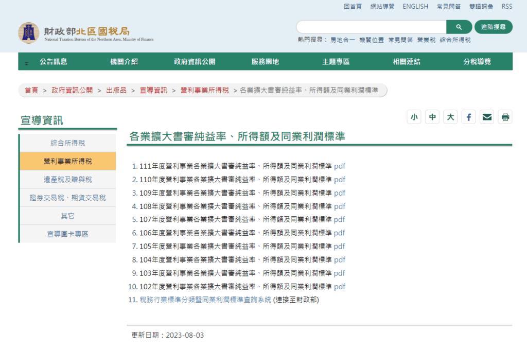 稅務行業標準分類暨同業利潤標準查詢系統